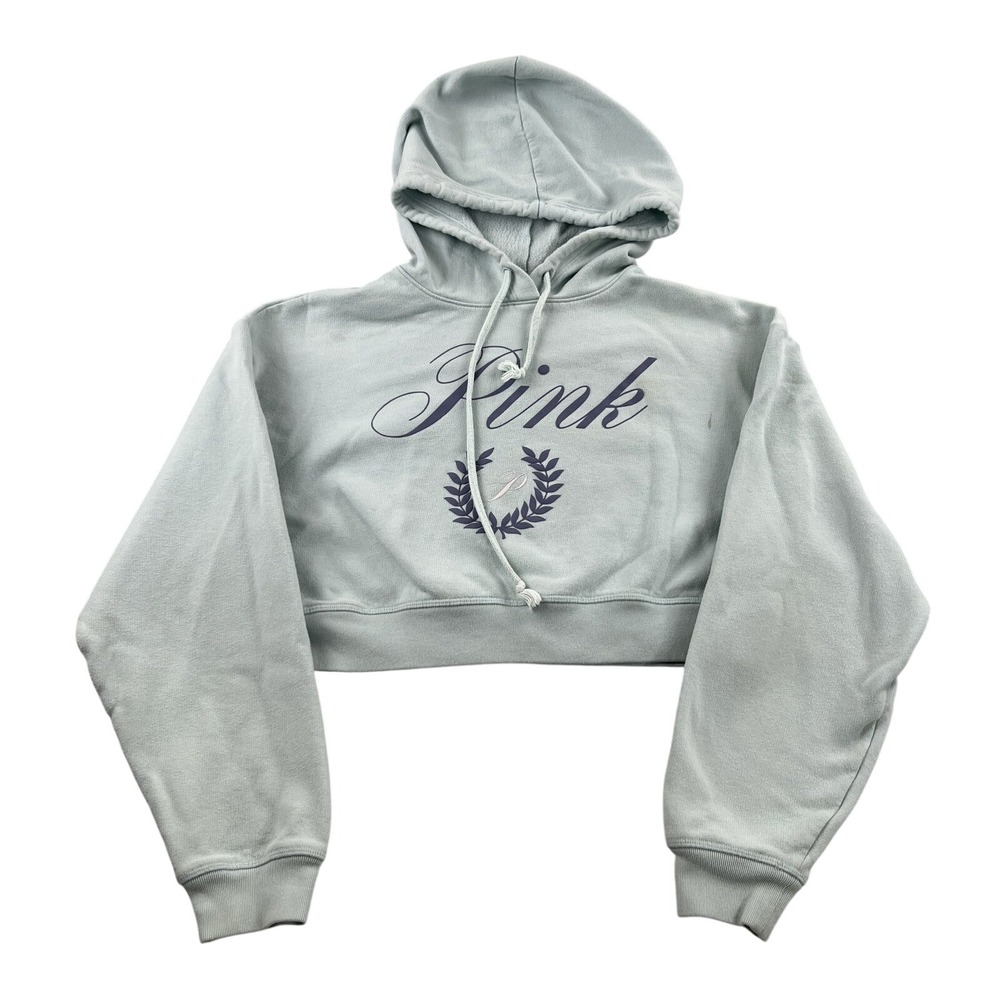 PINK Victoria's Secret Cropped Graphic Hoodie XS Green Women Streetwear Y2K